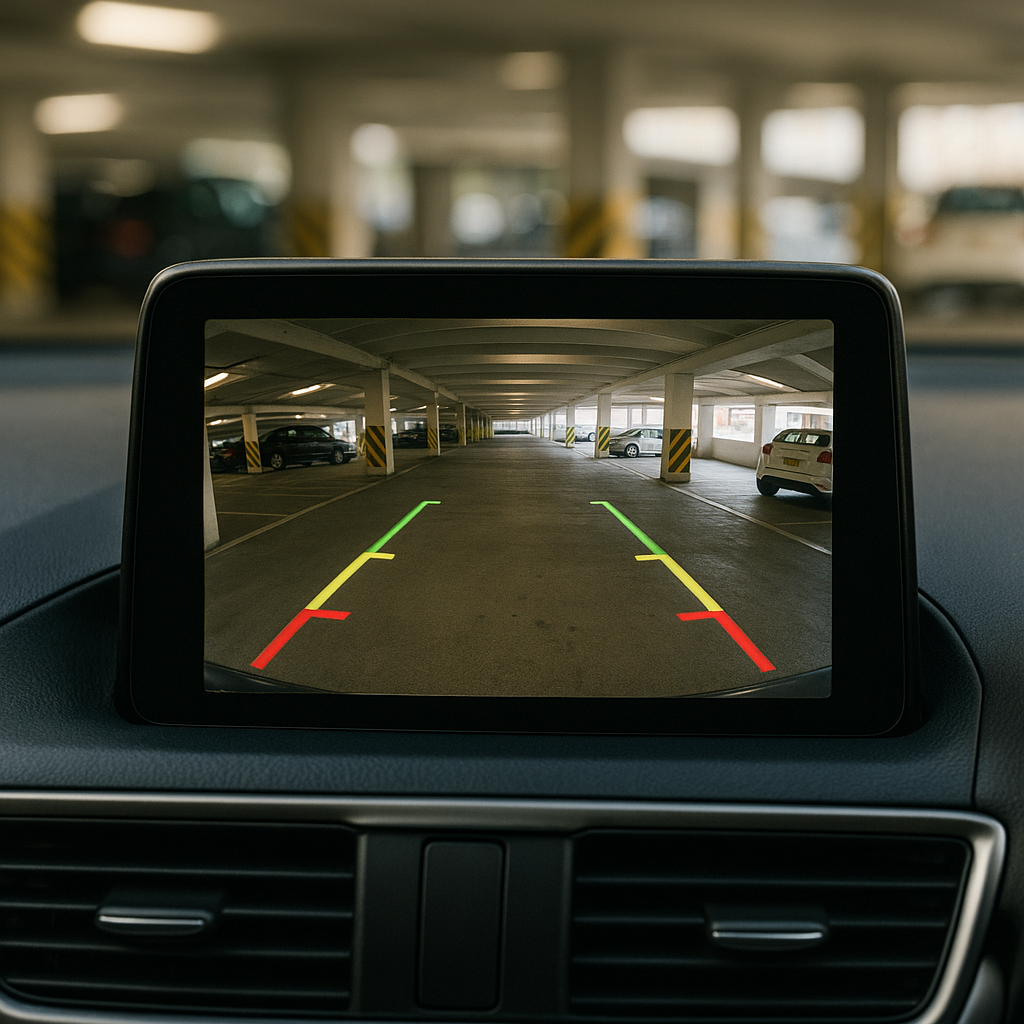 Reversing camera display showing tight UK car park, relevant to parking sensors vs reversing camera UK comparison