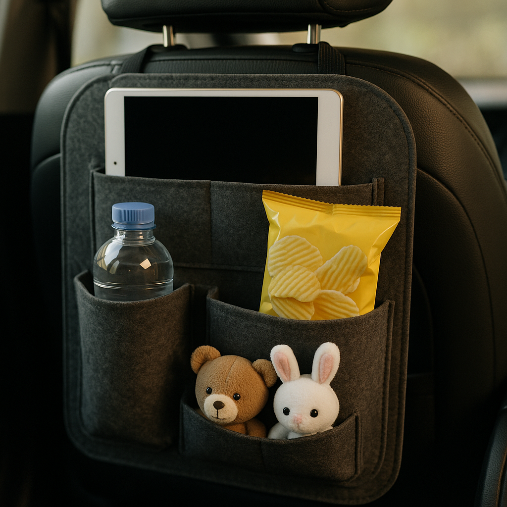 Seat-back car organiser fitted inside a family car, part of the best car boot organiser UK setup