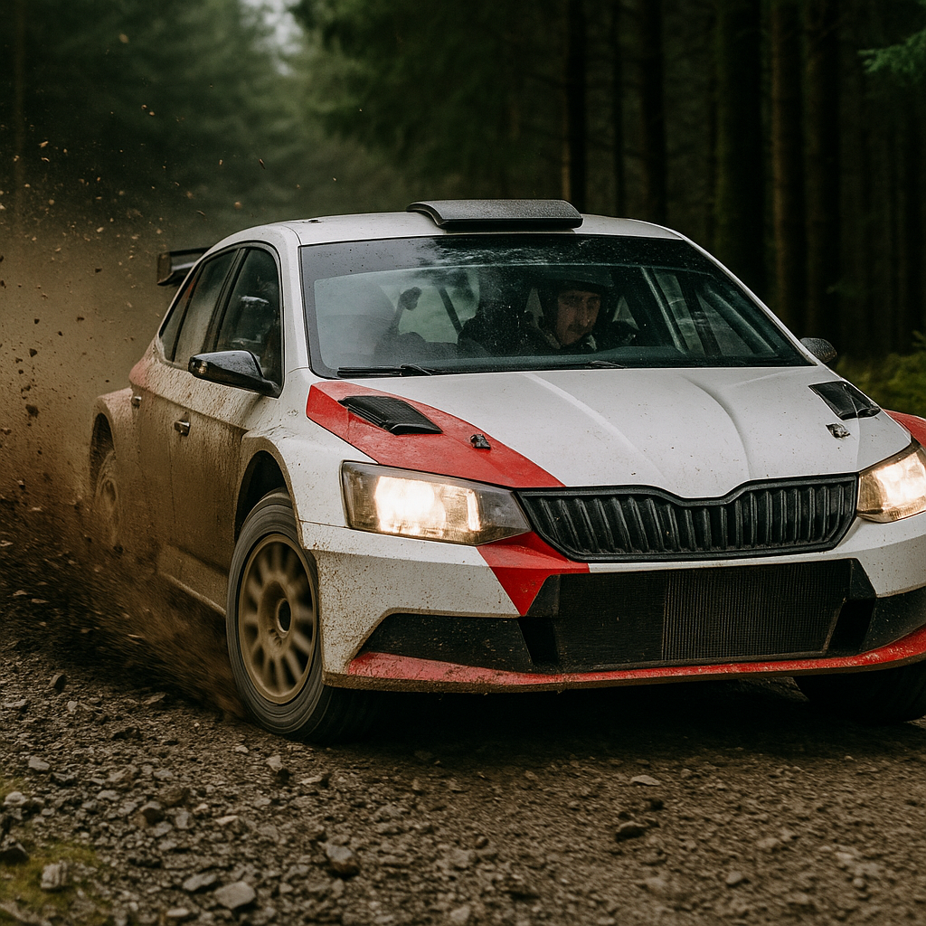 WRC rally car cornering on a Welsh forest stage during one of the key UK motorsport events 2026